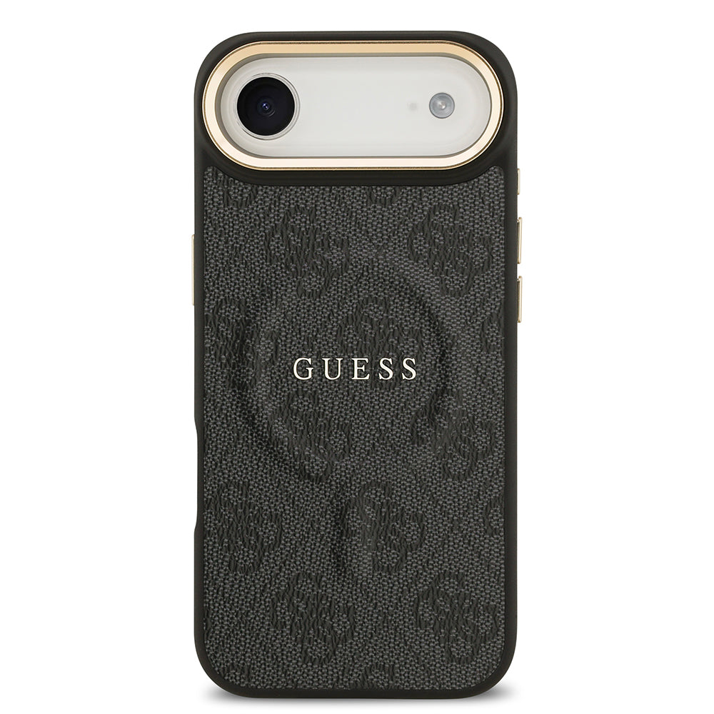 Apple iPhone 17 Air Case Guess Original Licensed M-safe Charging Feature Gold Metal Camera Frame PU Leather 4G Patterned Text Logo Cover Pink