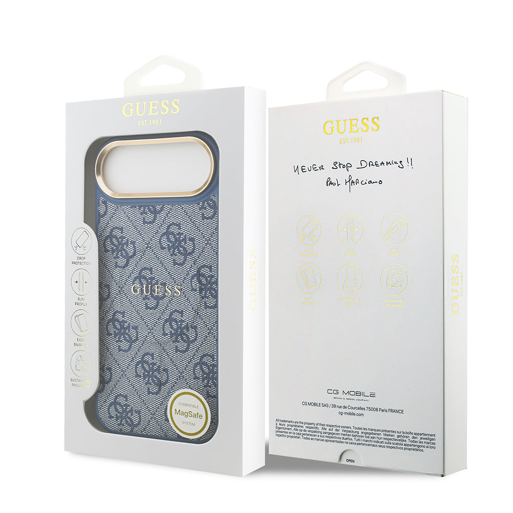 Apple iPhone 17 Air Kılıf Guess Orjinal Lisanslı M-safe Şarj Özellikli Gold Metal Kamera Çerçeveli PU Deri 4G Desenli Yazı Logolu Kapak Kahverengi