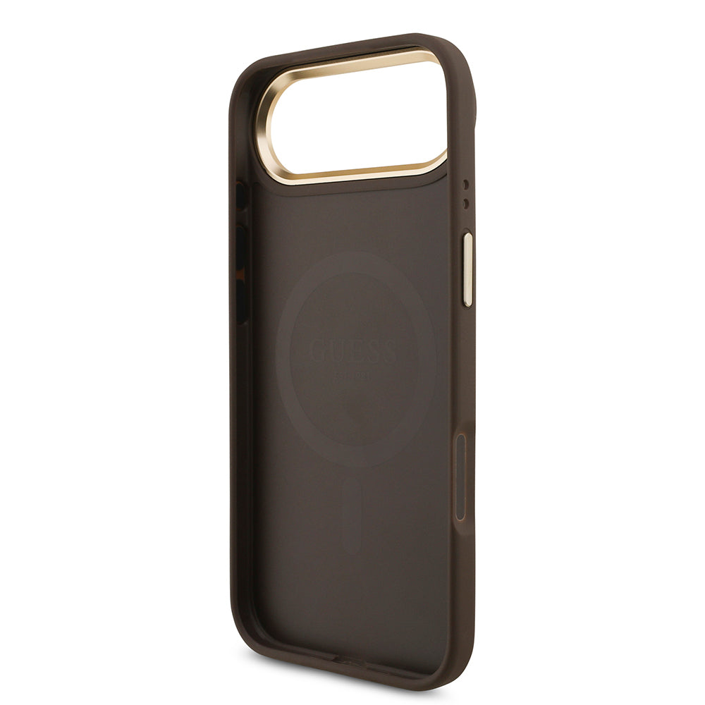 Apple iPhone 17 Air Case Guess Original Licensed M-safe Charging Feature Gold Metal Camera Frame Stone 4G Logo Cover Black