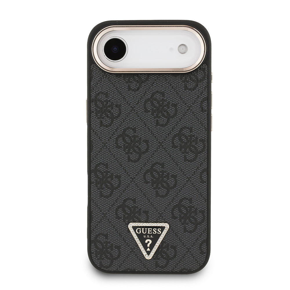 Apple iPhone 17 Air Case Guess Original Licensed M-safe Charging Feature Gold Metal Camera Frame Stone Triangle Logo 4G Patterned Cover Brown
