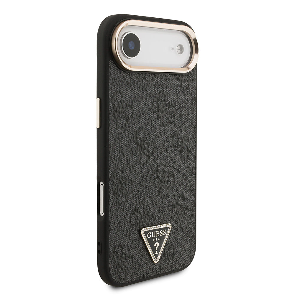 Apple iPhone 17 Air Case Guess Original Licensed M-safe Charging Feature Gold Metal Camera Frame Stone Triangle Logo 4G Patterned Cover Brown