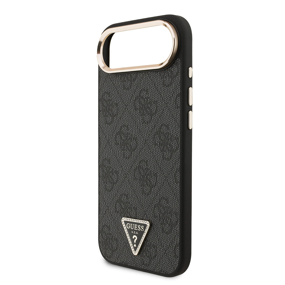 Apple iPhone 17 Air Case Guess Original Licensed M-safe Charging Feature Gold Metal Camera Frame Stone Triangle Logo 4G Patterned Cover Brown
