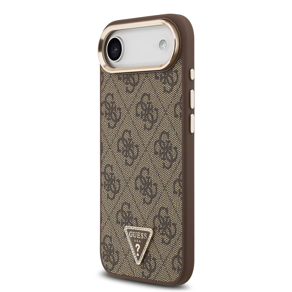 Apple iPhone 17 Air Kılıf Guess Orjinal Lisanslı M-safe Şarj Özellikli Gold Metal Kamera Çerçeveli Taşlı Üçgen Logo 4G Desenli Kapak Siyah