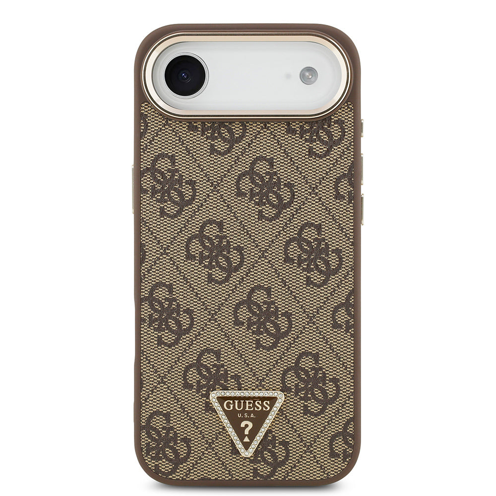 Apple iPhone 17 Air Case Guess Original Licensed M-safe Charging Feature Gold Metal Camera Frame Stone Triangle Logo 4G Patterned Cover Brown