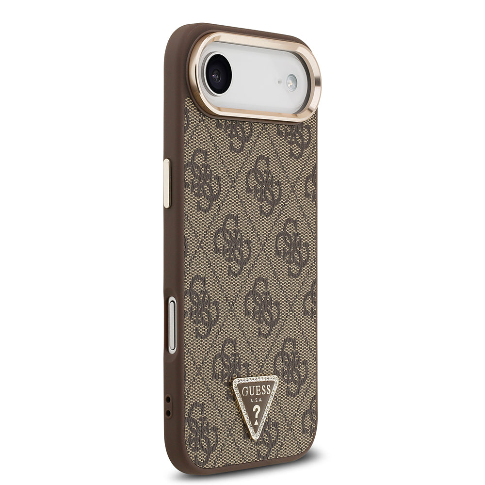 Apple iPhone 17 Air Kılıf Guess Orjinal Lisanslı M-safe Şarj Özellikli Gold Metal Kamera Çerçeveli Taşlı Üçgen Logo 4G Desenli Kapak Siyah