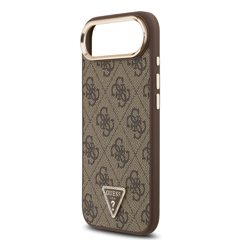 Apple iPhone 17 Air Case Guess Original Licensed M-safe Charging Feature Gold Metal Camera Frame Stone Triangle Logo 4G Patterned Cover Brown