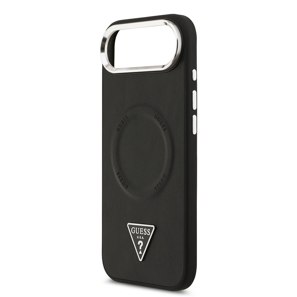 Apple iPhone 17 Air Case Guess Original Licensed M-safe Charging Feature PU Leather Metal Camera Frame Triangle Logo Cover Black