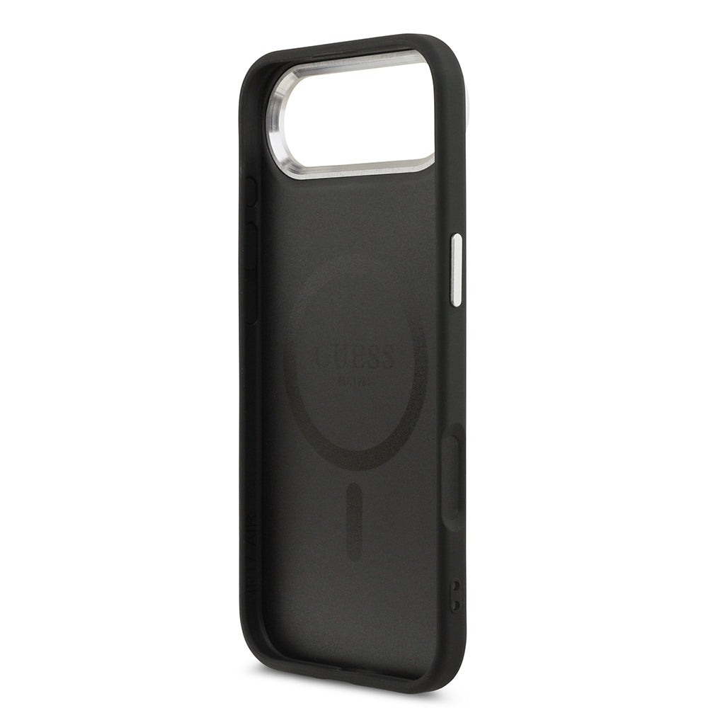 Apple iPhone 17 Air Case Guess Original Licensed M-safe Charging Feature PU Leather Metal Camera Frame Triangle Logo Cover Black