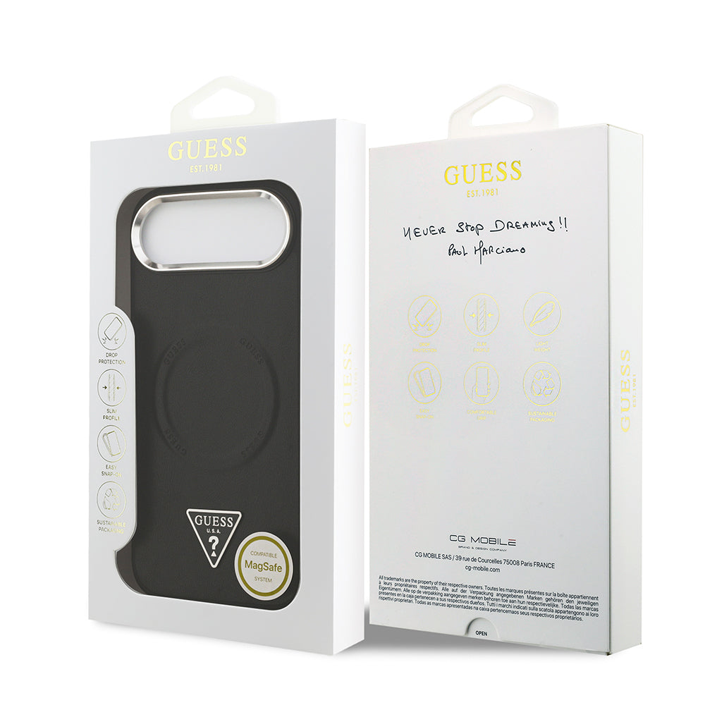 Apple iPhone 17 Air Case Guess Original Licensed M-safe Charging Feature PU Leather Metal Camera Frame Triangle Logo Cover Black