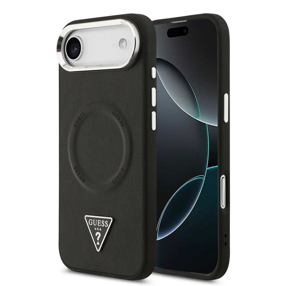 Apple iPhone 17 Air Case Guess Original Licensed M-safe Charging Feature PU Leather Metal Camera Frame Triangle Logo Cover Black