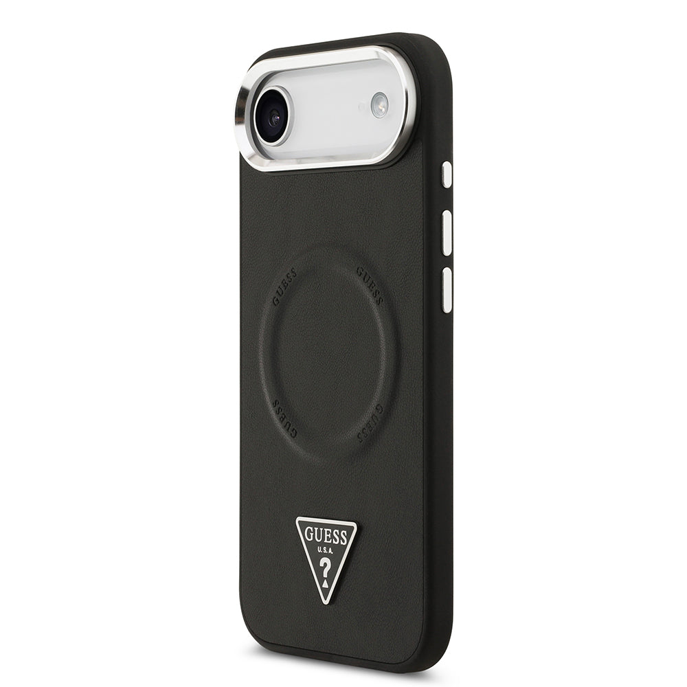 Apple iPhone 17 Air Case Guess Original Licensed M-safe Charging Feature PU Leather Metal Camera Frame Triangle Logo Cover Black