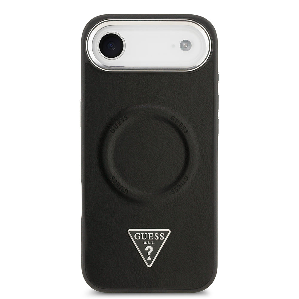 Apple iPhone 17 Air Case Guess Original Licensed M-safe Charging Feature PU Leather Metal Camera Frame Triangle Logo Cover Black
