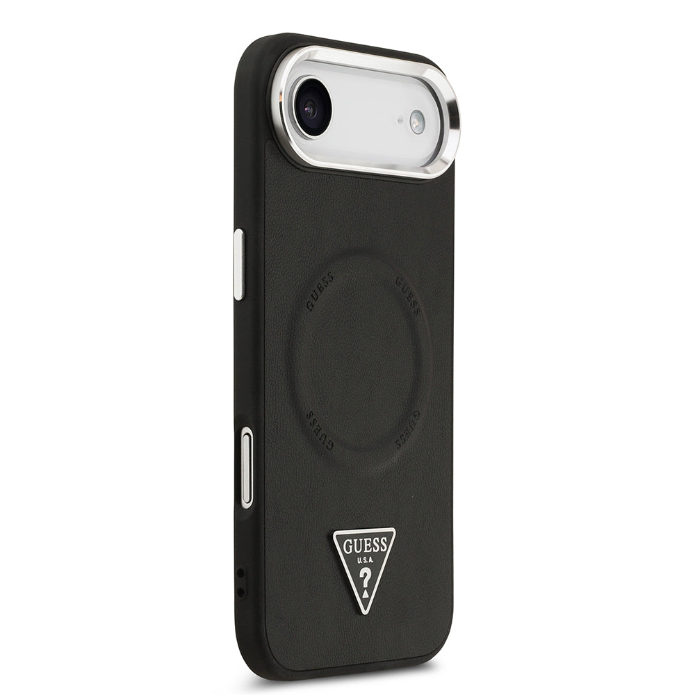Apple iPhone 17 Air Case Guess Original Licensed M-safe Charging Feature PU Leather Metal Camera Frame Triangle Logo Cover Black