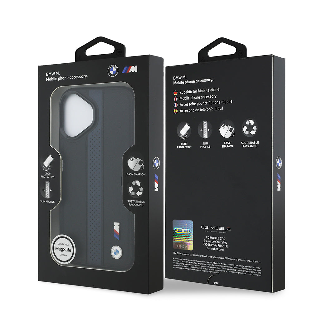 Apple iPhone 17 Kılıf BMW Orjinal Lisanslı M-safe Şarj Özellikli Deri Arka Yüzey Metal Logolu Delikli Şerit Tasarımlı Kapak Mavi