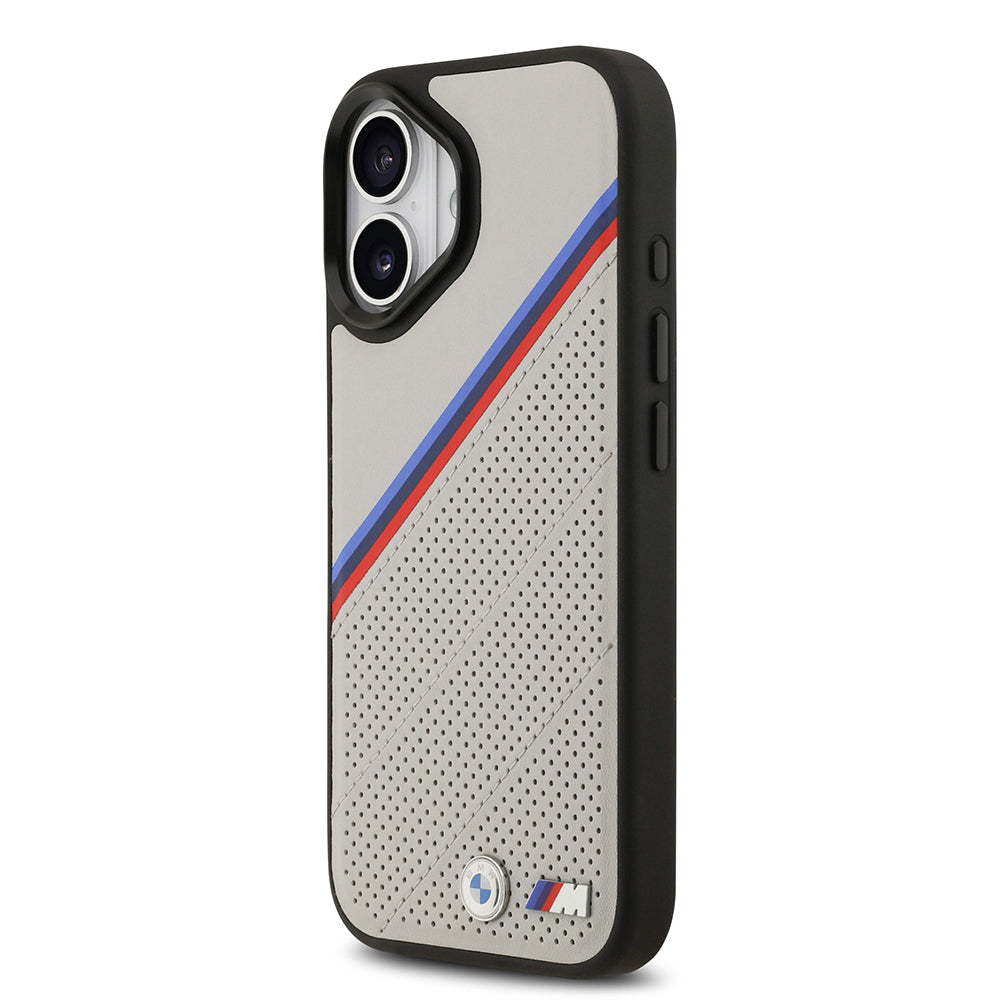 Apple iPhone 17 Case BMW Original Licensed M-Safe Charging Feature M Logo Three Stripe Perforated Leather Cover Gray