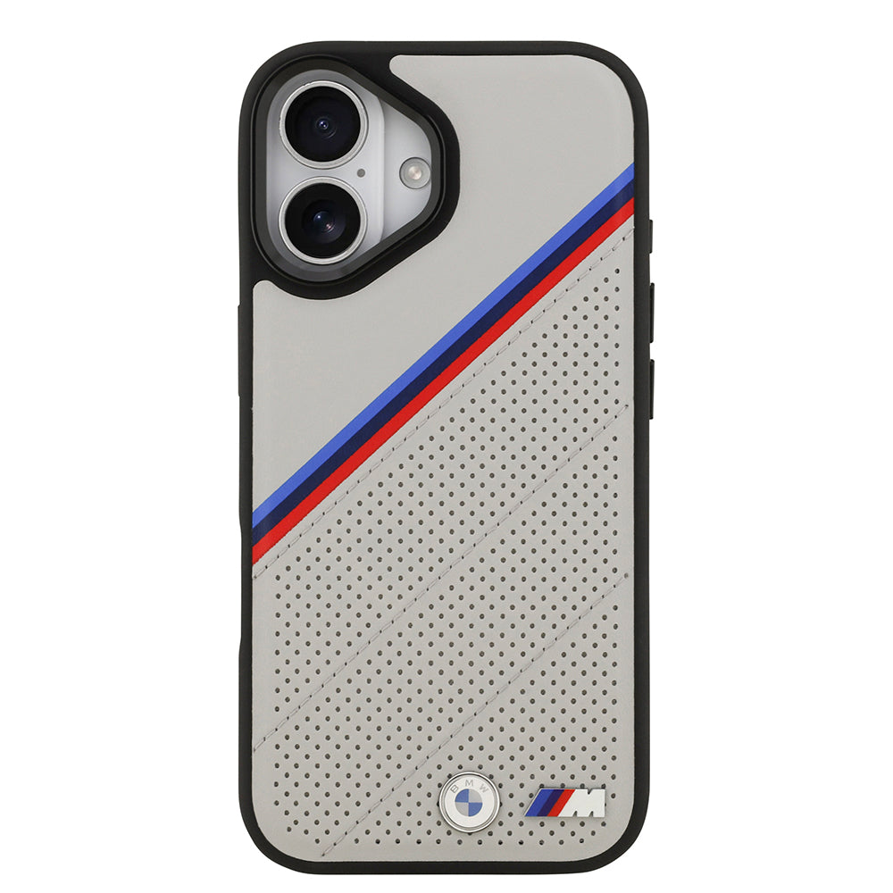 Apple iPhone 17 Case BMW Original Licensed M-Safe Charging Feature M Logo Three Stripe Perforated Leather Cover Gray