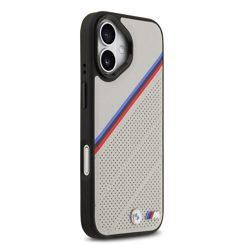 Apple iPhone 17 Case BMW Original Licensed M-Safe Charging Feature M Logo Three Stripe Perforated Leather Cover Gray