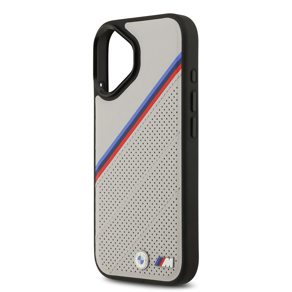 Apple iPhone 17 Case BMW Original Licensed M-Safe Charging Feature M Logo Three Stripe Perforated Leather Cover Gray
