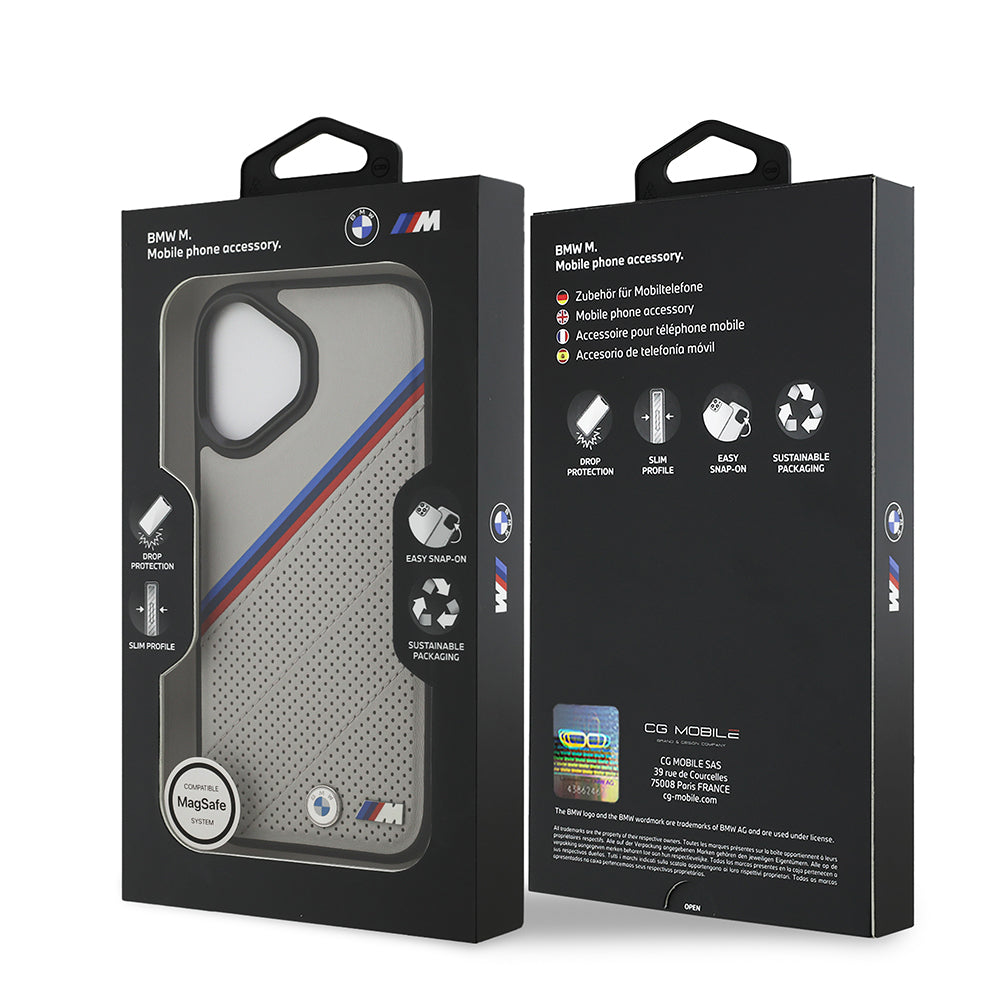 Apple iPhone 17 Kılıf BMW Orjinal Lisanslı M-safe Şarj Özellikli M Logolu Üç Şeritli Delikli Deri Kapak Gri