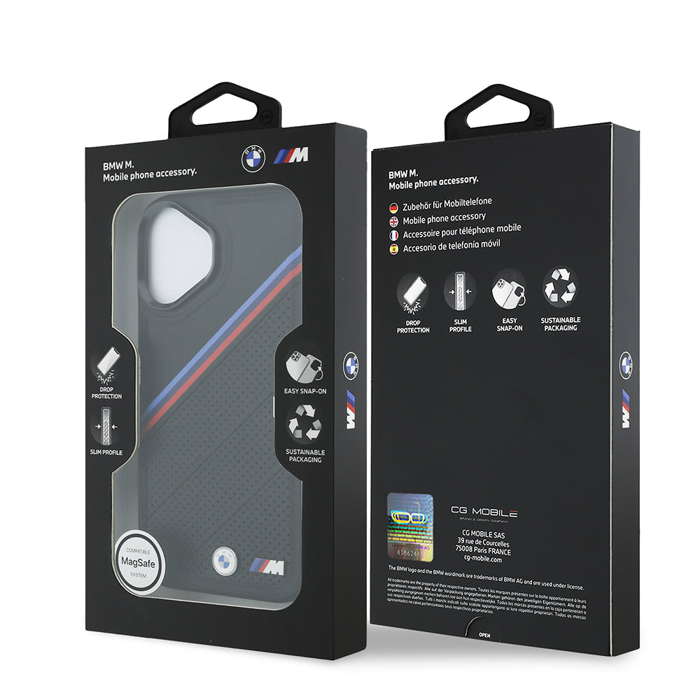 Apple iPhone 17 Kılıf BMW Orjinal Lisanslı M-safe Şarj Özellikli M Logolu Üç Şeritli Delikli Deri Kapak Gri