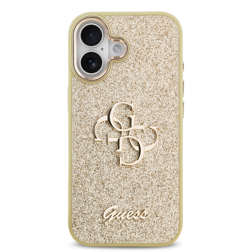 Apple iPhone 17 Case Guess Original Licensed 4G Large Metal Camera Frame and Logo Glitter Cover Pink