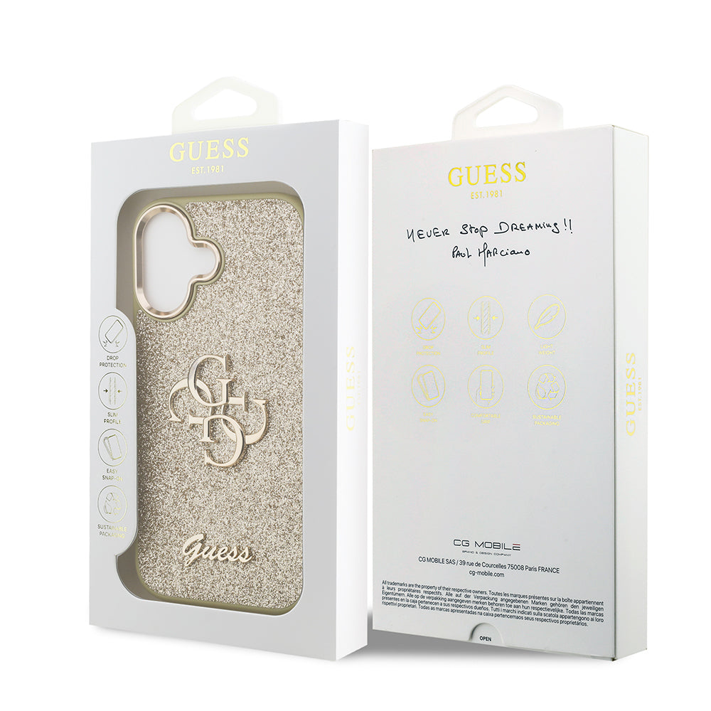 Apple iPhone 17 Case Guess Original Licensed 4G Large Metal Camera Frame and Logo Glitter Cover Pink