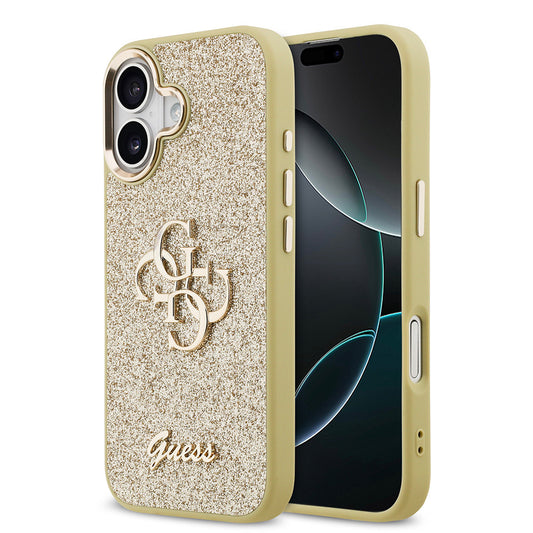 Apple iPhone 17 Case Guess Original Licensed 4G Large Metal Camera Frame and Logo Glitter Cover Gold