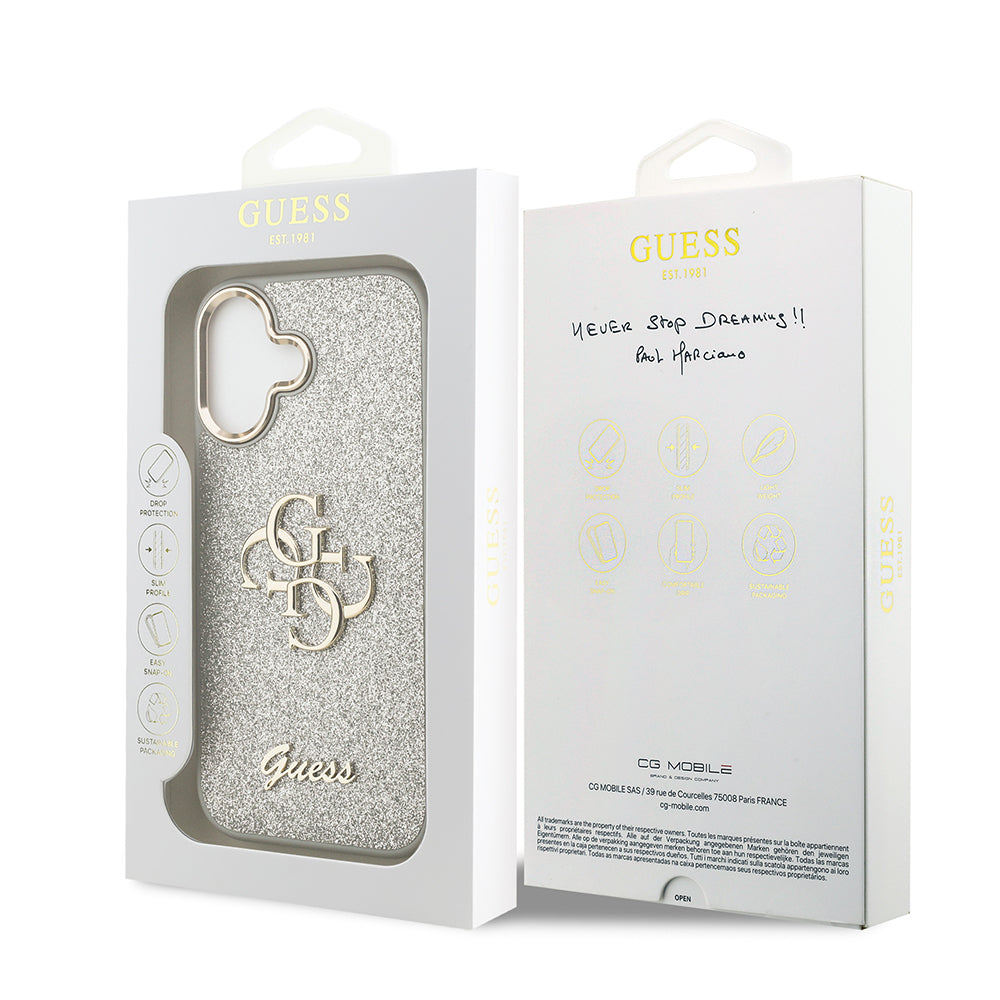 Apple iPhone 17 Case Guess Original Licensed 4G Large Metal Camera Frame and Logo Glitter Cover Pink