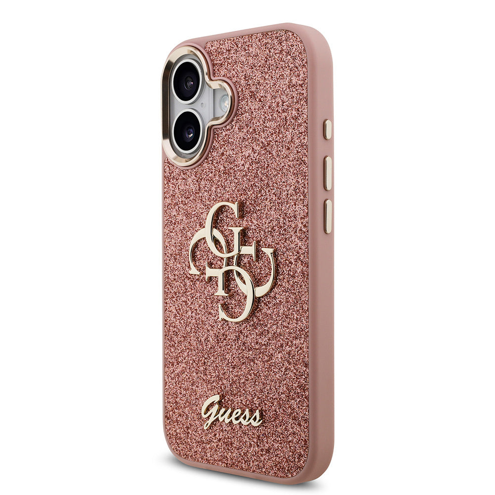 Apple iPhone 17 Case Guess Original Licensed 4G Large Metal Camera Frame and Logo Glitter Cover Pink