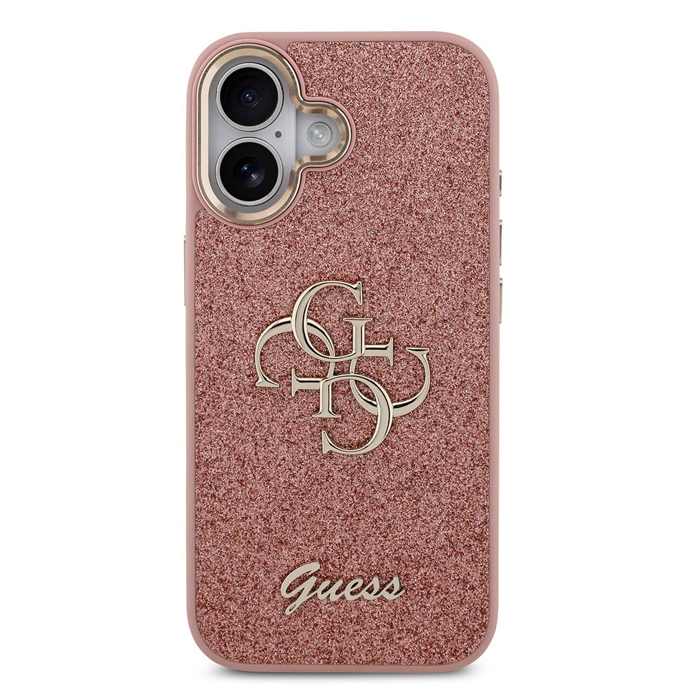 Apple iPhone 17 Case Guess Original Licensed 4G Large Metal Camera Frame and Logo Glitter Cover Pink