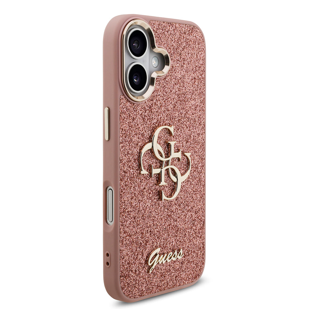 Apple iPhone 17 Case Guess Original Licensed 4G Large Metal Camera Frame and Logo Glitter Cover Pink