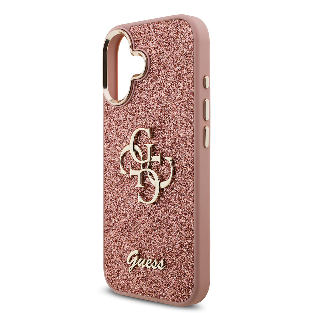 Apple iPhone 17 Case Guess Original Licensed 4G Large Metal Camera Frame and Logo Glitter Cover Pink