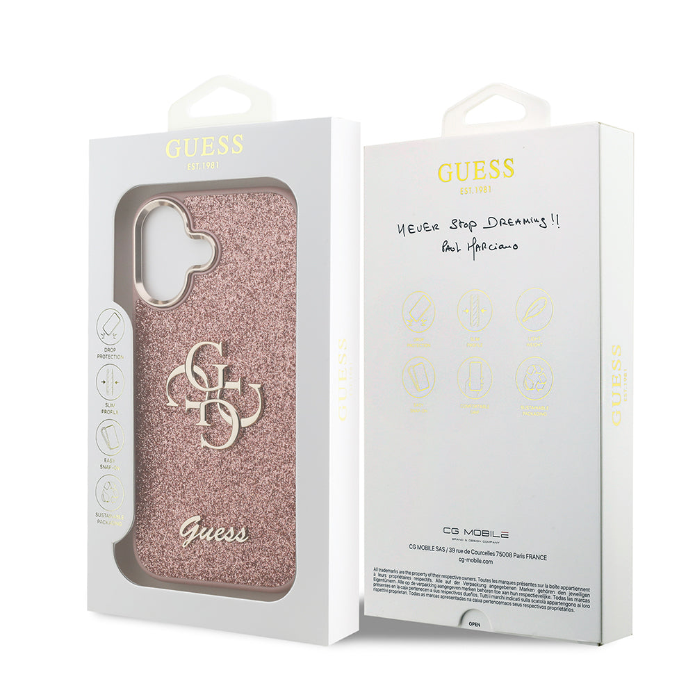 Apple iPhone 17 Case Guess Original Licensed 4G Large Metal Camera Frame and Logo Glitter Cover Pink