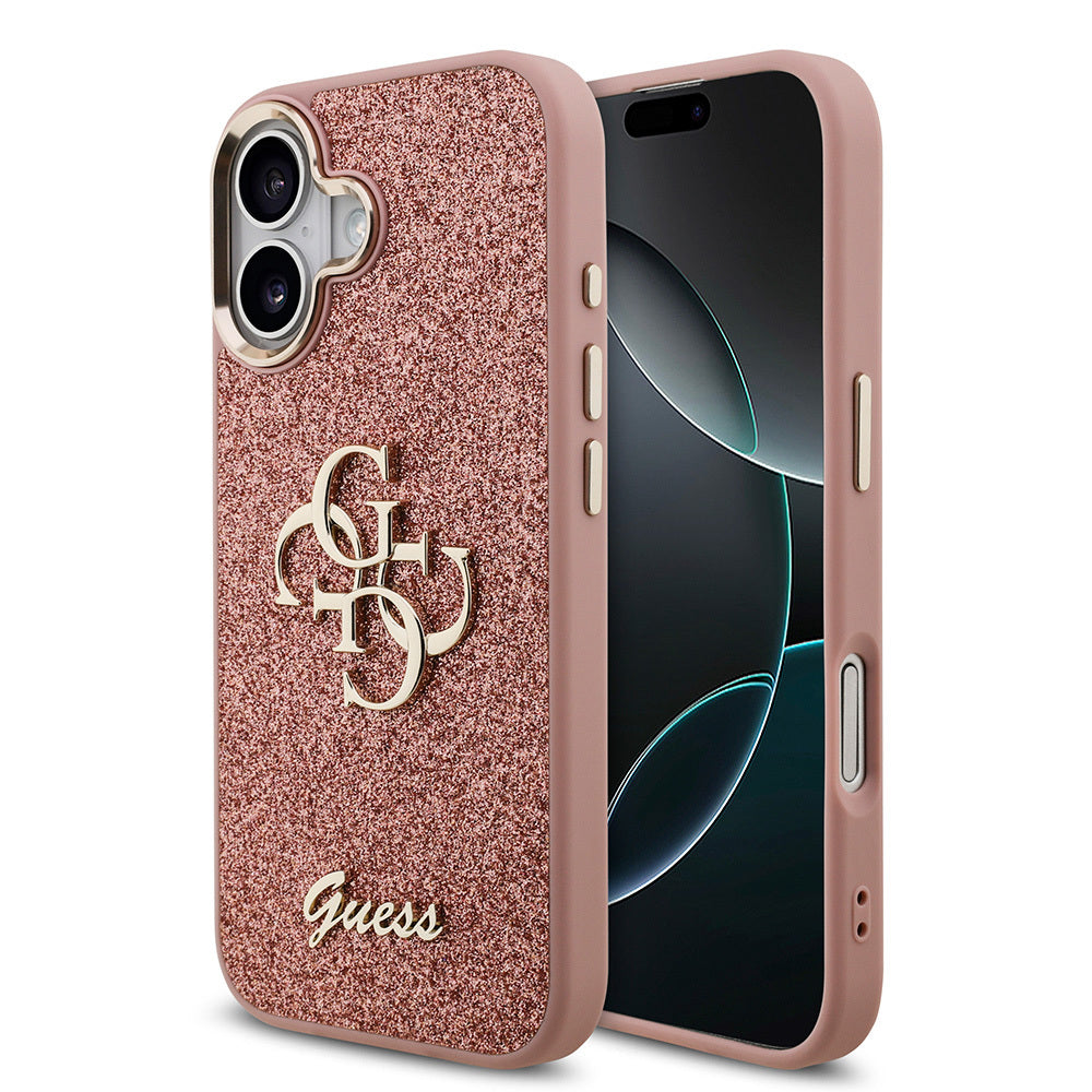 Apple iPhone 17 Case Guess Original Licensed 4G Large Metal Camera Frame and Logo Glitter Cover Pink