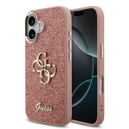 Apple iPhone 17 Kılıf Guess Orjinal Lisanslı 4G Büyük Metal Kamera Çerçeveli ve Logolu Glitter Kapak Pembe