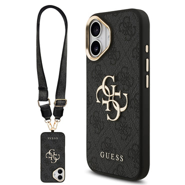 Apple iPhone 17 Case Guess Original Licensed 4G Large Metal Logo Thick Strap Cover Black
