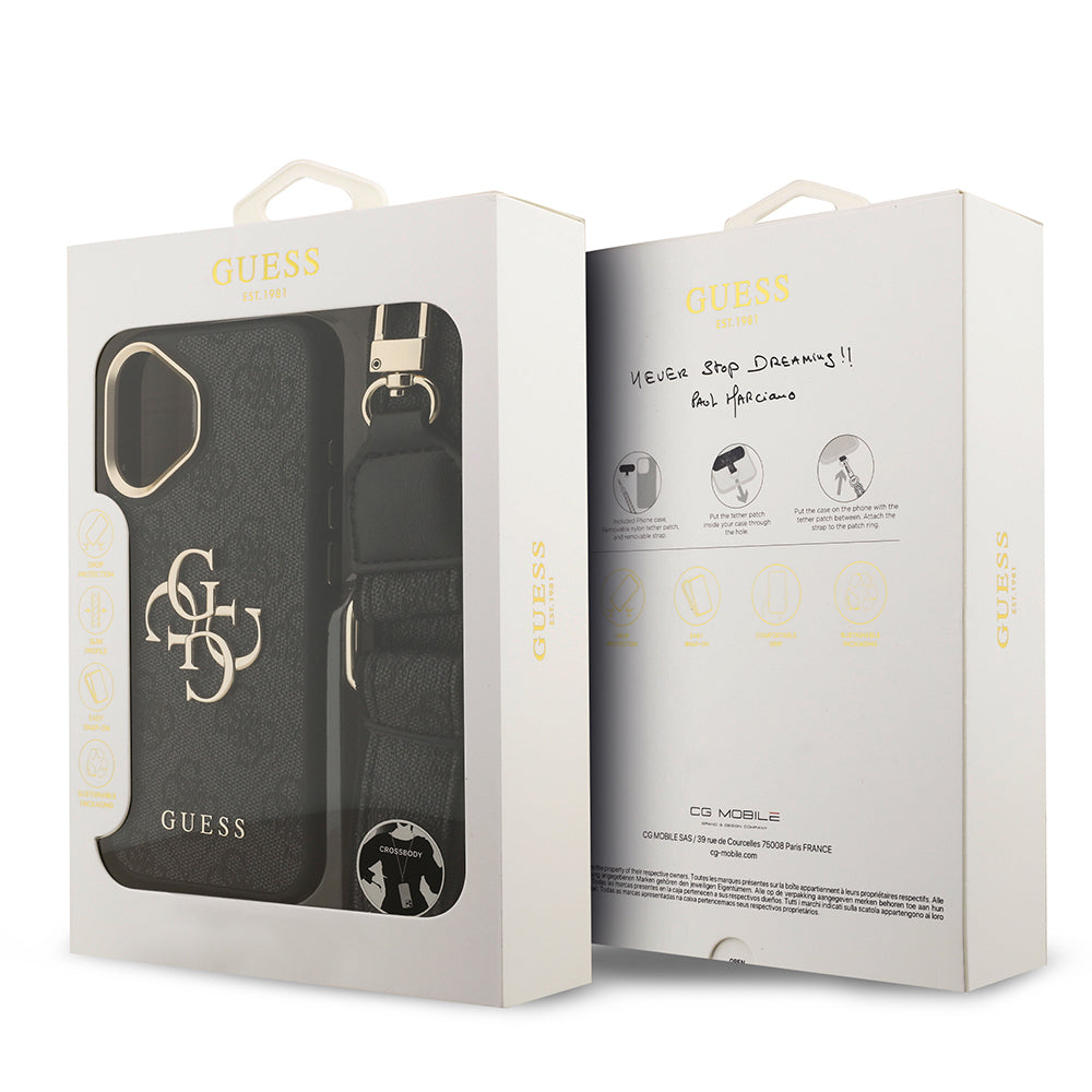 Apple iPhone 17 Case Guess Original Licensed 4G Large Metal Logo Thick Strap Cover Black