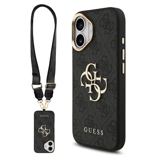 Apple iPhone 17 Case Guess Original Licensed 4G Large Metal Logo Thick Strap Cover Black