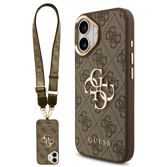 Apple iPhone 17 Kılıf Guess Orjinal Lisanslı 4G Büyük Metal Logolu Kalın Askılı Kapak Kahverengi