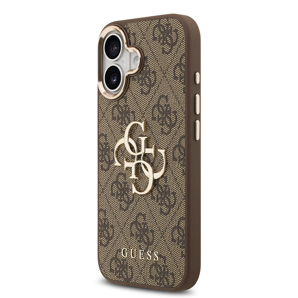 Apple iPhone 17 Kılıf Guess Orjinal Lisanslı Gold Metal Kamera Çerçeveli 4G Desenli Metal Büyük 4G ve Yazı Logolu Kapak Pembe