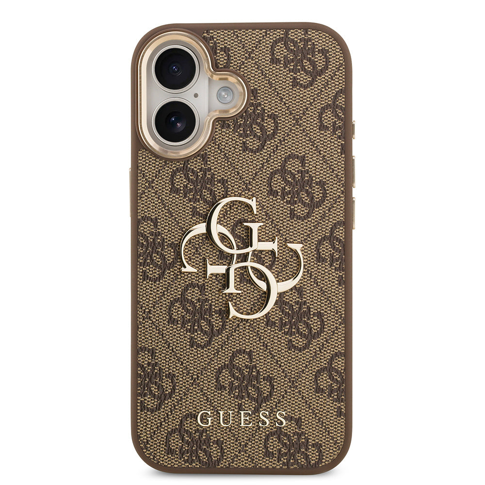 Apple iPhone 17 Kılıf Guess Orjinal Lisanslı Gold Metal Kamera Çerçeveli 4G Desenli Metal Büyük 4G ve Yazı Logolu Kapak Pembe