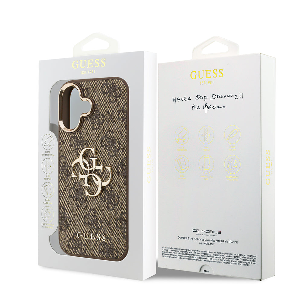 Apple iPhone 17 Kılıf Guess Orjinal Lisanslı Gold Metal Kamera Çerçeveli 4G Desenli Metal Büyük 4G ve Yazı Logolu Kapak Pembe