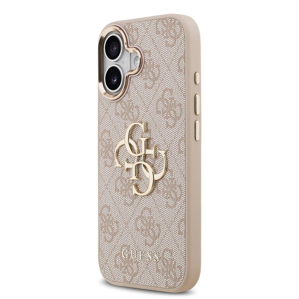 Apple iPhone 17 Kılıf Guess Orjinal Lisanslı Gold Metal Kamera Çerçeveli 4G Desenli Metal Büyük 4G ve Yazı Logolu Kapak Kahverengi