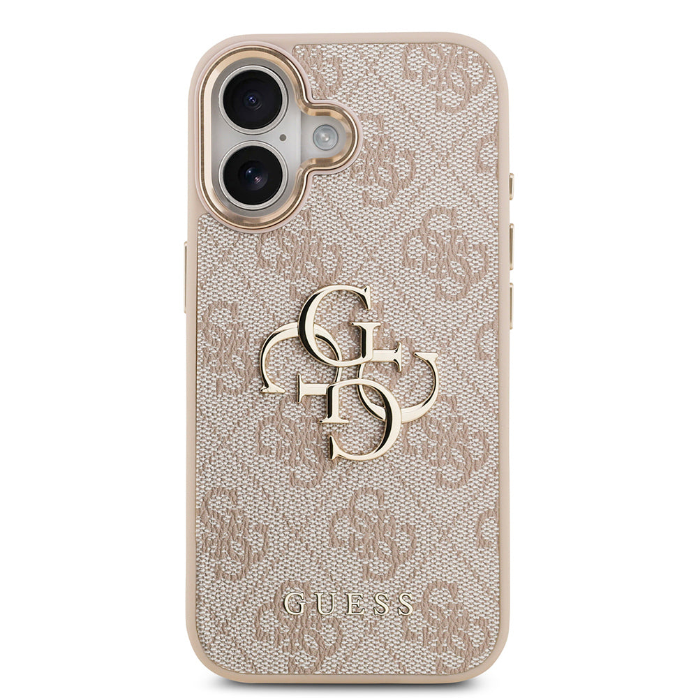 Apple iPhone 17 Kılıf Guess Orjinal Lisanslı Gold Metal Kamera Çerçeveli 4G Desenli Metal Büyük 4G ve Yazı Logolu Kapak Pembe