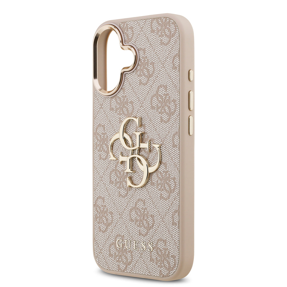 Apple iPhone 17 Kılıf Guess Orjinal Lisanslı Gold Metal Kamera Çerçeveli 4G Desenli Metal Büyük 4G ve Yazı Logolu Kapak Kahverengi