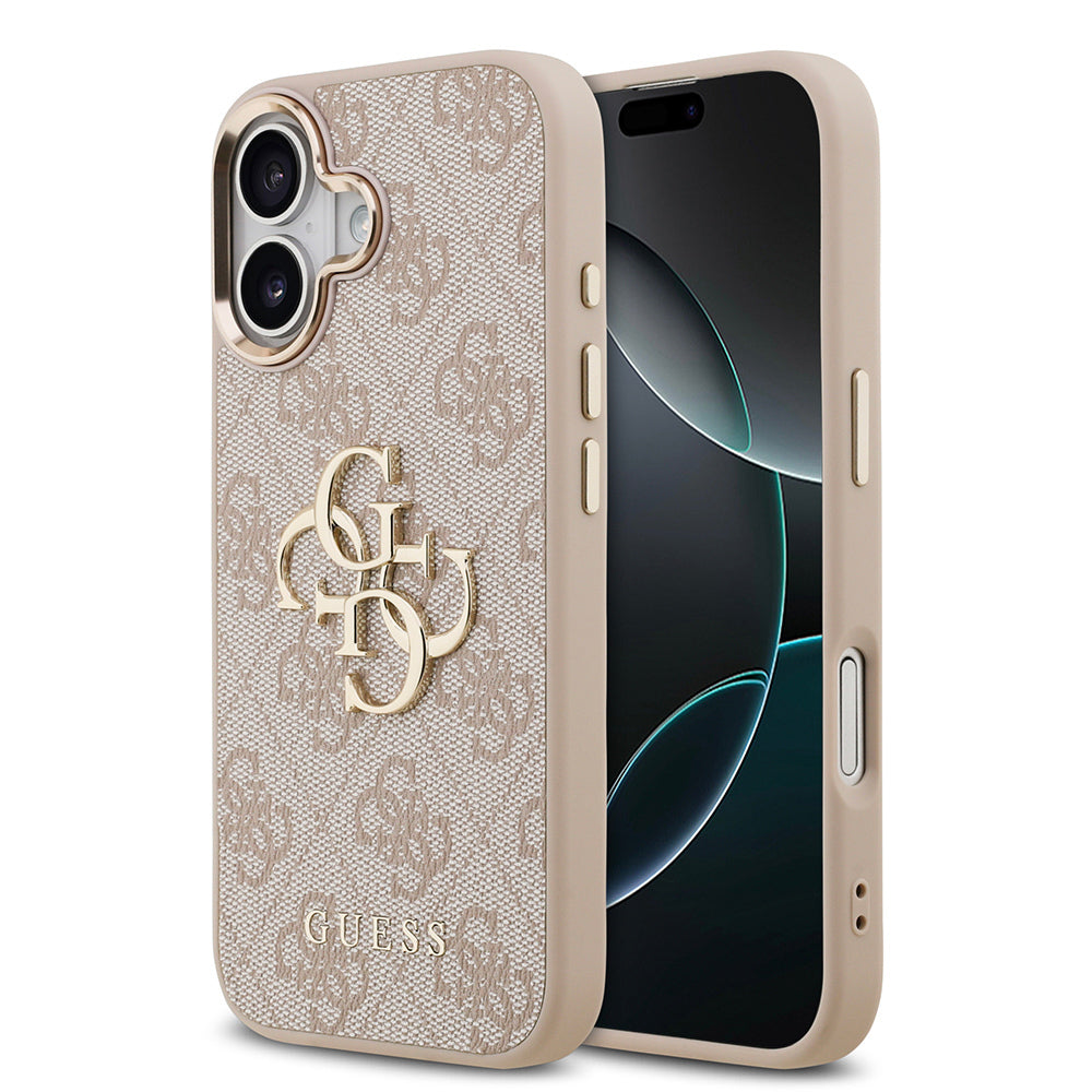 Apple iPhone 17 Kılıf Guess Orjinal Lisanslı Gold Metal Kamera Çerçeveli 4G Desenli Metal Büyük 4G ve Yazı Logolu Kapak Pembe