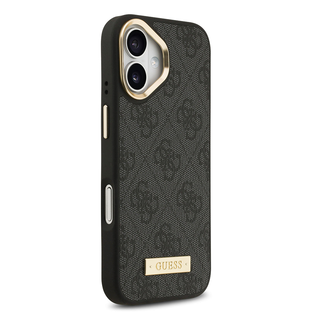 Apple iPhone 17 Kılıf Guess Orjinal Lisanslı M-safe Şarj Özellikli 4G Desenli PU Metal Plaka Klasik Logolu Kapak Kahverengi