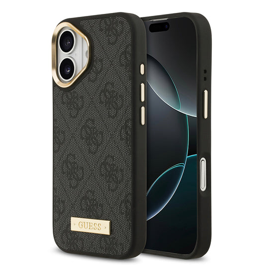 Apple iPhone 17 Kılıf Guess Orjinal Lisanslı M-safe Şarj Özellikli 4G Desenli PU Metal Plaka Klasik Logolu Kapak Siyah