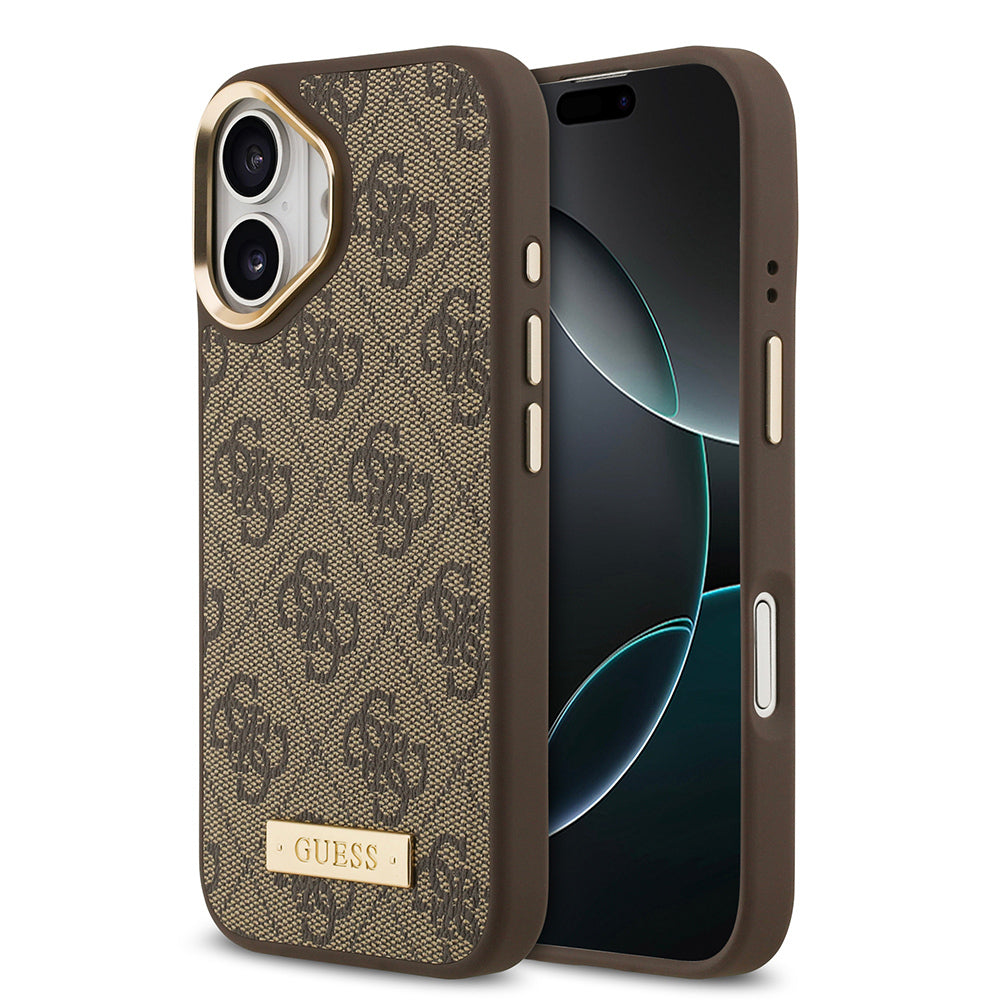Apple iPhone 17 Kılıf Guess Orjinal Lisanslı M-safe Şarj Özellikli 4G Desenli PU Metal Plaka Klasik Logolu Kapak Kahverengi