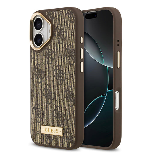 Apple iPhone 17 Kılıf Guess Orjinal Lisanslı M-safe Şarj Özellikli 4G Desenli PU Metal Plaka Klasik Logolu Kapak Kahverengi